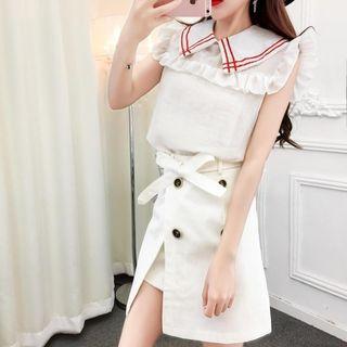 Set: Frilled Sleeveless Top + Buttoned A-line Skirt