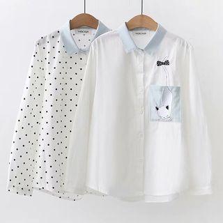 Two-tone Cat Embroidered Shirt