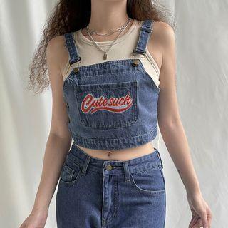 Lettering Embroidery Denim Crop Top