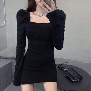 Square-neck Puff-sleeve A-line Dress Black - One Size