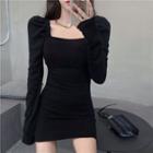 Square-neck Puff-sleeve A-line Dress Black - One Size