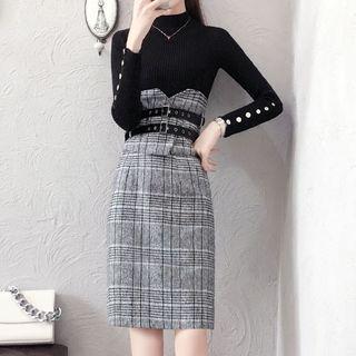 Set: Mock Turtleneck Knit Top + High Waist Midi Plaid Skirt