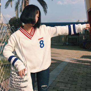 Number Print Striped V-neck Pullover