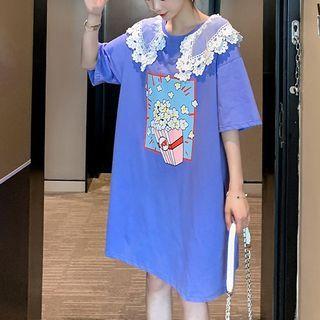 Elbow-sleeve Lace Trim Graphic Print T-shirt Dress