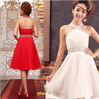 Jeweled Sleeveles Shirred Cocktail Dress