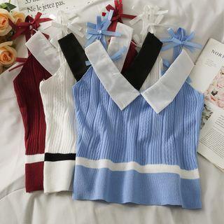 Patchwork Ribbon-strap Colorblock Knit Tank Top