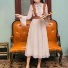 Long-sleeve Lace Trim Dotted Midi Chiffon Dress