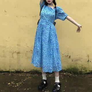 Short-sleeve Floral Print Midi A-line Dress Floral - Blue - One Size