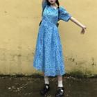 Short-sleeve Floral Print Midi A-line Dress Floral - Blue - One Size