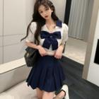 Short-sleeve Bow Top / Pleated Skirt