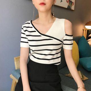 Striped Cut Out Shoulder Short Sleeve Knit Top