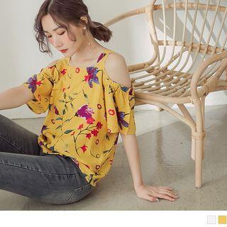 Cutout Shoulder Flower Short-sleeve Top