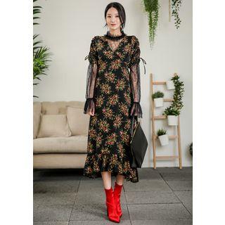 Drawstring-sleeve Floral Long Empire Dress