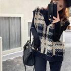Long-sleeve Mock-neck Top / Plaid Sweater Vest