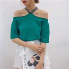 Short-sleeve Lettering Cold Shoulder T-shirt