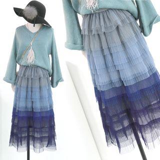 Gradient Layered Mesh Skirt Blue - One Size