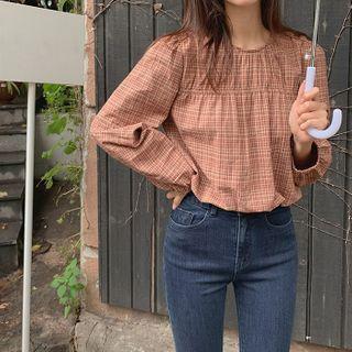 Bishop-sleeve Plaid Blouse Brown - One Size