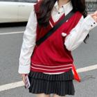 Plain Shirt / Heart Detail Sweater Vest / Mini Tiered Skirt
