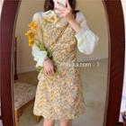 Long-sleeve Chiffon Shirt / Spaghetti Strap Mini Floral Print A-line Dress