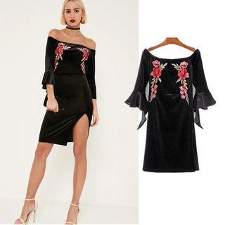 Off-shoulder Applique Long-sleeve Dress
