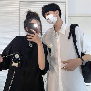 Elbow-sleeve Bear Embroidered Pocket Shirt