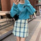 Plain Front Pocket Long-sleeve Crop Top/gingham Mini Shirt