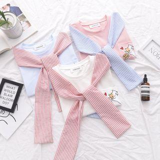 Short-sleeve Striped Panel Cat Embroidered T-shirt