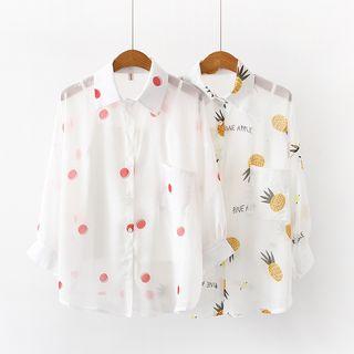Set: 3/4-sleeve Printed Shirt + Spaghetti Strap Top