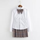 Short / Long-sleeve Shirt / Mini Plaid Pleated Skirt / Cardigan / Set