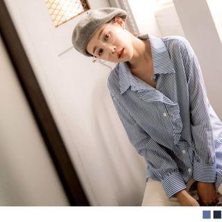 Asymmetric Ruffle Striped Shirt