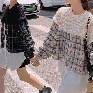 Knit Panel Plaid Sweater