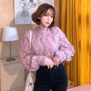 Mockneck See-through Lace Blouse Pink - One Size
