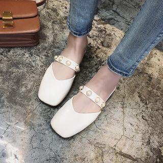 Faux Pearl Strap Square Toe Mules