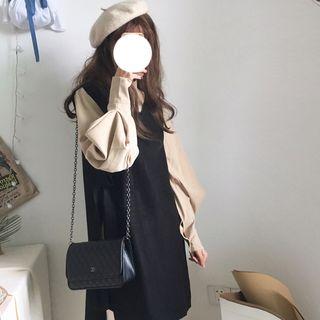 Set: Stand Collar Blouse + Sleeveless Woolen Dress