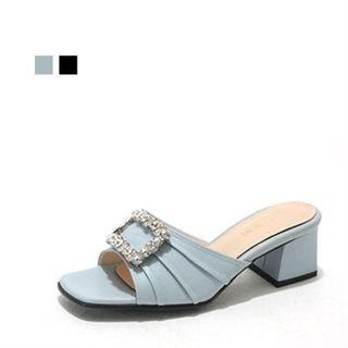 Genuine Leather Rhinestone-trim Mules