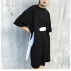 Band Waist Short-sleeve Midi Dress Black - One Size