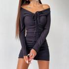 Long-sleeve V-neck Ruched Bodycon Knit Dress