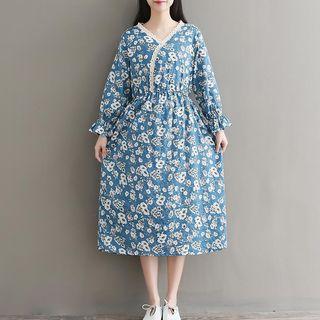 Lace Trim Printed Long-sleeve Midi Dress