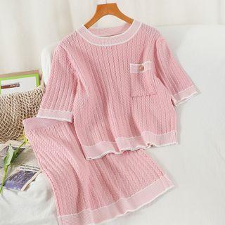 Set: Elbow-sleeve Knit Top + Mini Pencil Skirt