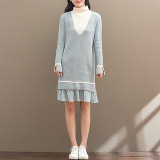 Panel Mock-neck Long-sleeve Knit Dress