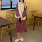 Long-sleeve Floral Print Midi Dress / Fleece Buttoned Vest