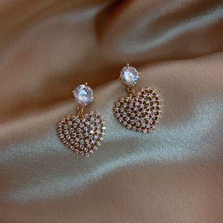 Rhinestone Heart Dangle Earring 1 Pair - Silver Rhinestone - Gold - One Size