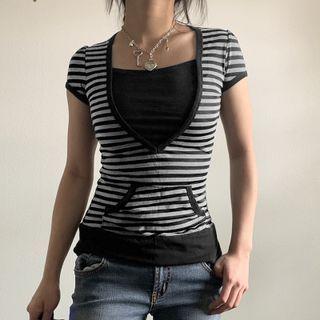 Short Sleeve Mock Two Piece Striped Crop Top