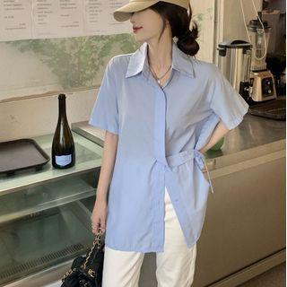 Elbow-sleeve Plain Long Shirt