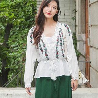 Crochet-trim Flower-embroidered Blouse