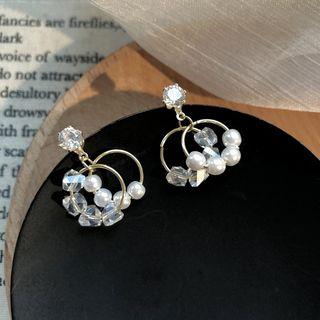 Rhinestone Faux Pearl Hoop Dangle Earring 1 Pair - Gold & White - One Size