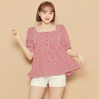 Smocked-panel Gingham A-line Top