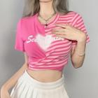 Short-sleeve Lettering Heart Print Striped Crop Top