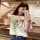 Elbow-sleeve Print T-shirt Red Flower - White - One Size
