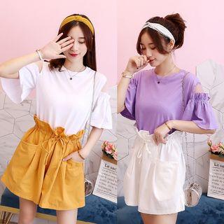 Set: Cut-out Shoulder Tee + Elastic Waist Shorts